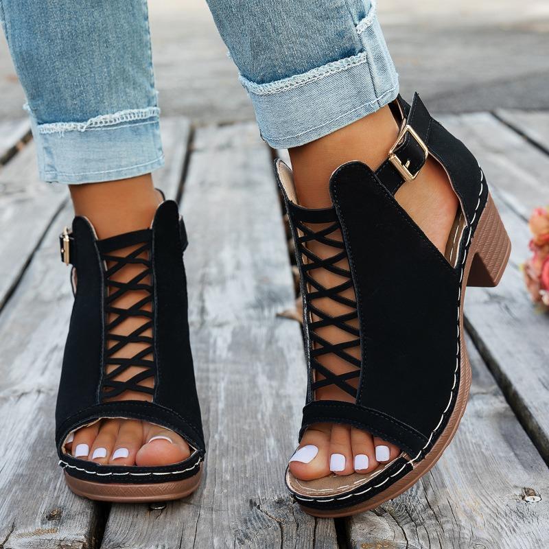 

Fashion Roman Sandals Autumn New Round Toe Open Toe Cutout Metal Buckle Platform Non-slip High Heel Plus Size Women s Shoes 43 чёрный