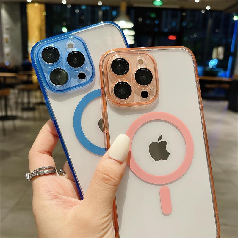 Luksusowy Kolorowy Bumper Przezroczyste Magnetyczne Etui Magsafe na Telefon Dla iPhone 11 12 13 14 15 Pro Max Osłona Ochronna Obiektywu na 14 Plus