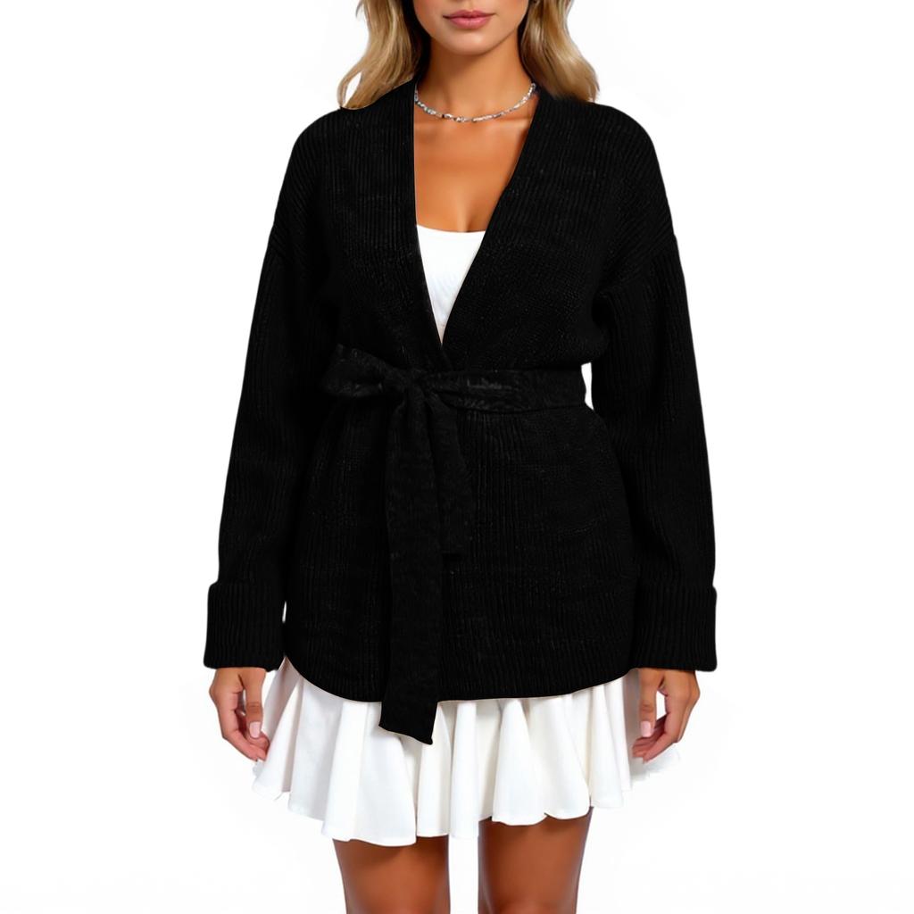 Women's  And Winter Coat Solid Color Lace-up Hooded Knitted Cardigan Sweater