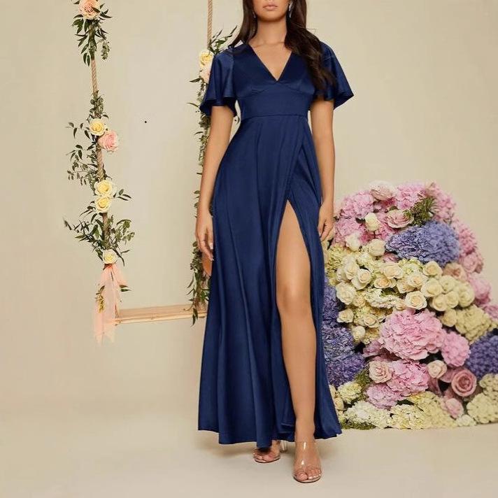 Women's Holiday Dress Solid Color Short-sleeved V-neck Sexy High Waist Slit Long Dress