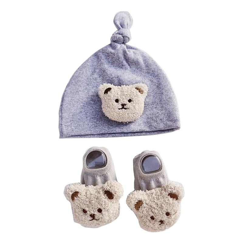 Winddichte Mütze und Bodensocken-Set für Säuglinge Niedliche Bär-Baby-Beanie-Mütze, Neugeborenen-Knotenmützen, Cartoon-Kleinkindermütze