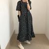 Summer lazy retro black round neck short-sleeve floral dress loose and slimming ruffled long skirt for women