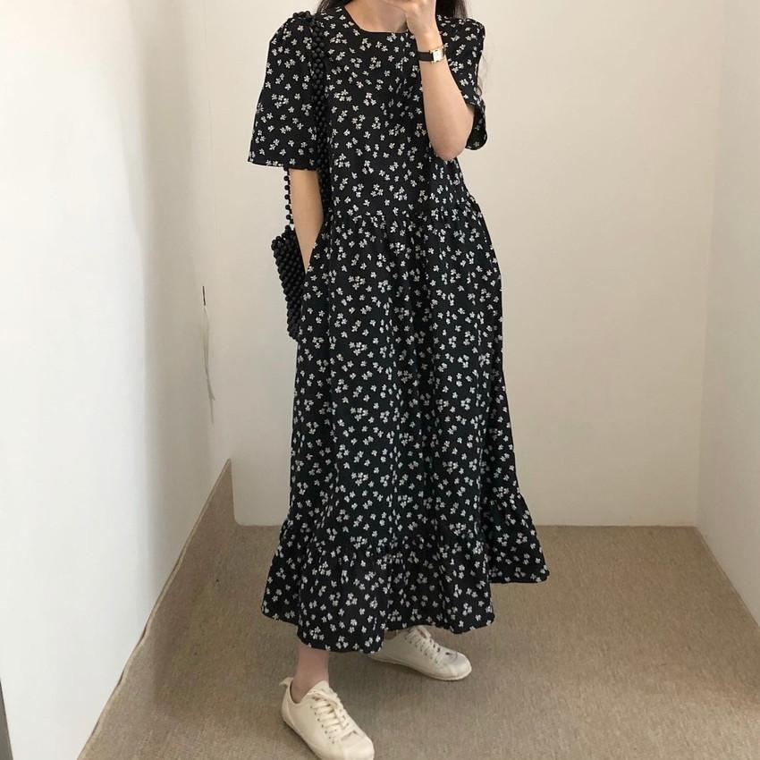 Summer lazy retro black round neck short-sleeve floral dress loose and slimming ruffled long skirt for women