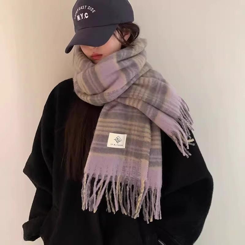 Korean version of imitation cashmere plaid scarf women's autumn and winter thickened warm scarf student versatile scarf live broadcast explosion
