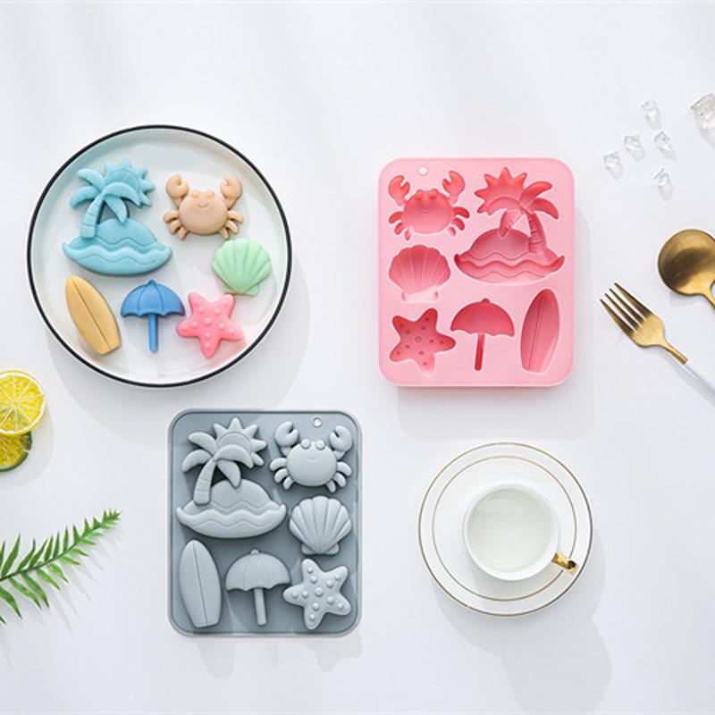 6-fach Silikonform Tropischer Strand Thema Sommer Tier Krabbe Muschel Fondant Süßigkeiten Schokolade Form DIY Backzubehör