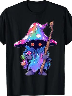 T-shirt Grafica Mago Fungo Mistico - 100% Cotone, Stile Vintage, Manica Corta