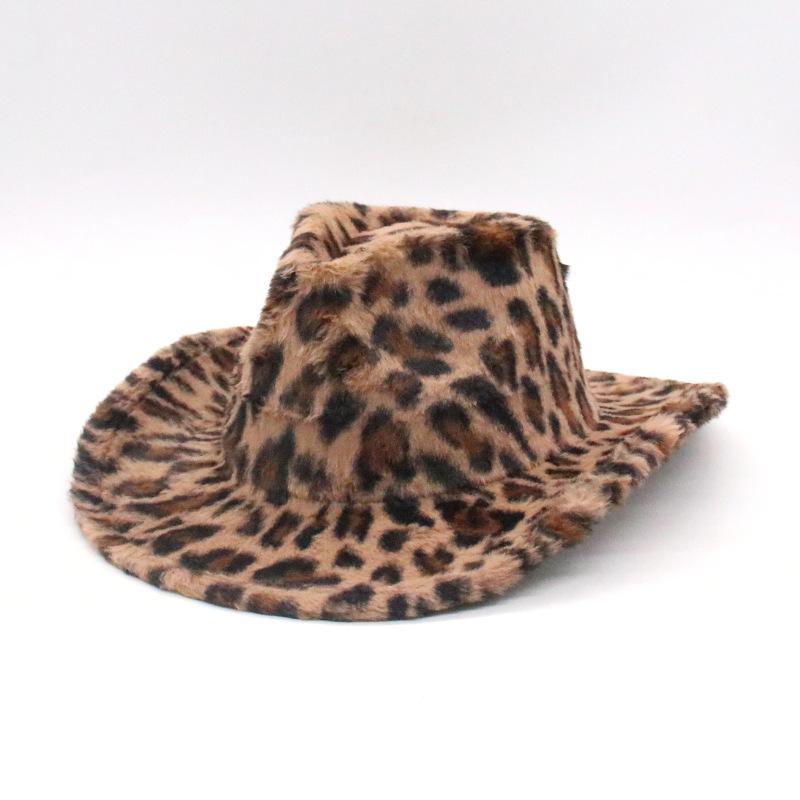 Thickened woolen hat fashionable sun hat women's autumn and winter new leopard print western cowboy hat European and American fashion plush hat