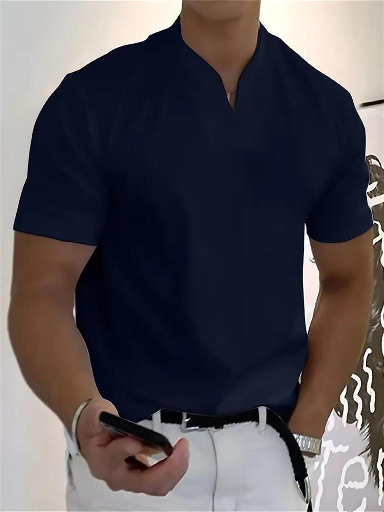 2025 Men's V-Neck Muscle Fit Sports T-Shirt - Elastic Short Sleeve Solid Color