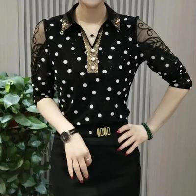 Camiseta de Manga Larga Polo para Mujer de Primavera y Otoño Cubre Grasa Estampado en Caliente Diamante Ropa Exterior Superior