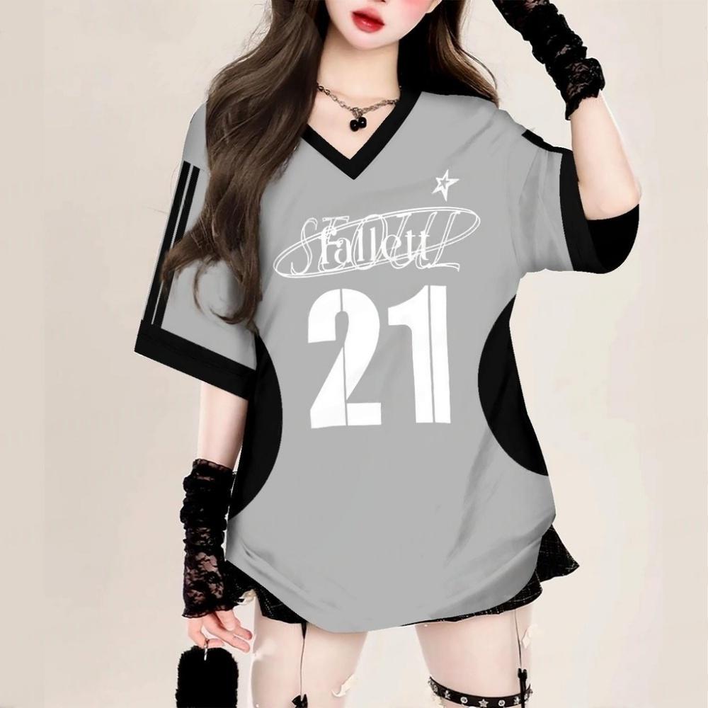 American Casual Letters Print V-Neck Short Sleeve T-Shirt Summer Tee Tops Baseball Jerseys Sport Fashion T-Shirt