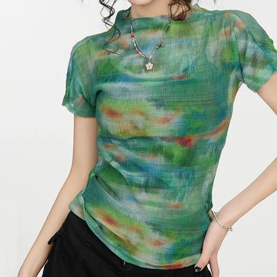Women's Sheer Mesh Tie-Dye T-Shirt - High Neck Slim Fit Ruched Side Sexy Crop Top for Summer
