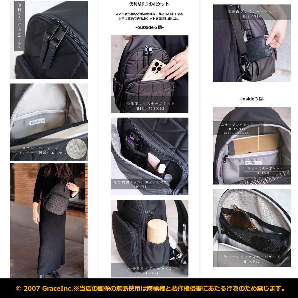 Grande Grace Women's Lightweight Nylon Shoulder BagBackpack, Black