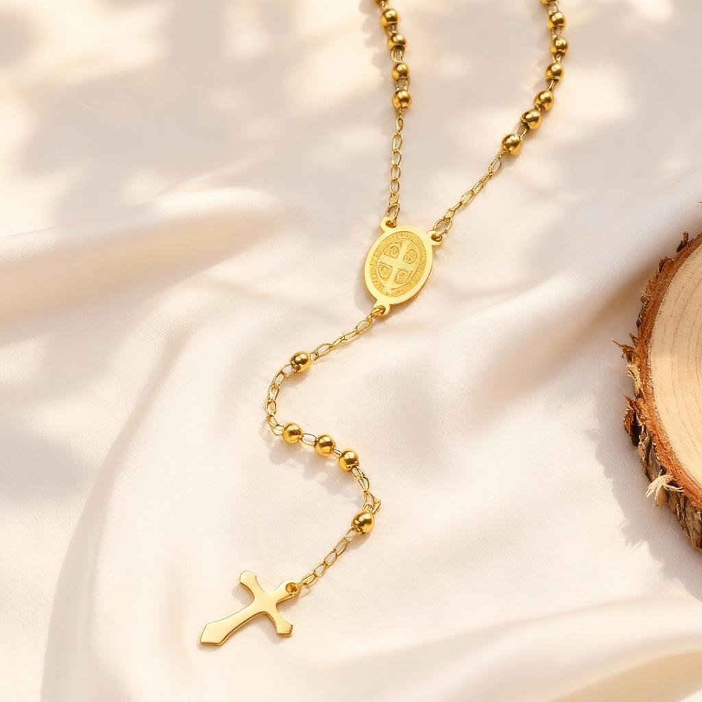 Rosenkranz Jungfrau Kreuz Anhänger Y-förmige Halskette für Frauen, Edelstahl Gliederkette Perlen Gebetskette, Maria Schmuck Geschenk