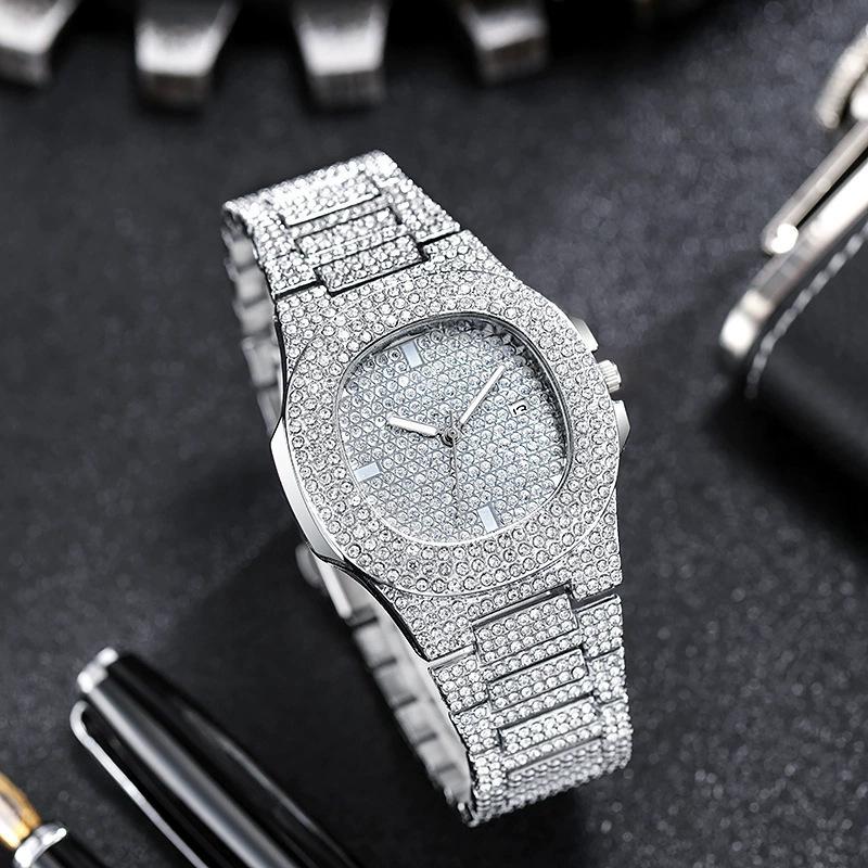 Luxury Unisex Full Diamond Steel Band Quartz Wristwatch with Calendar