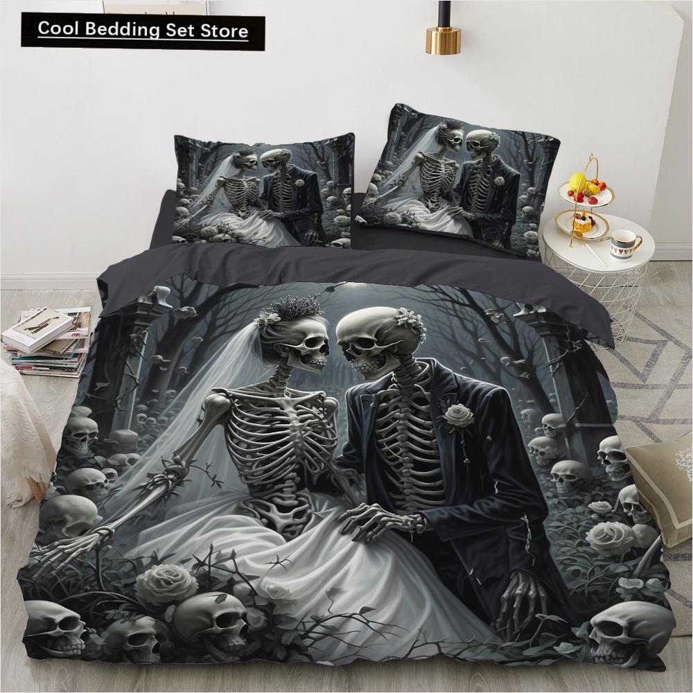 Skull Wedding Cartoon Comforter Sets Bedding Set Double Queen King Twin Full Size Duvet Cover Set Kids Girls White Bed Linen