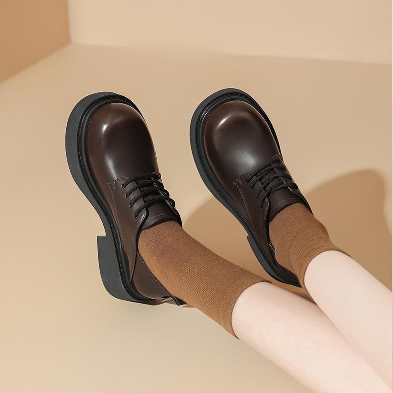 Augustine loafers women's 2025 new summer retro British style brown platform big head black small leather shoes