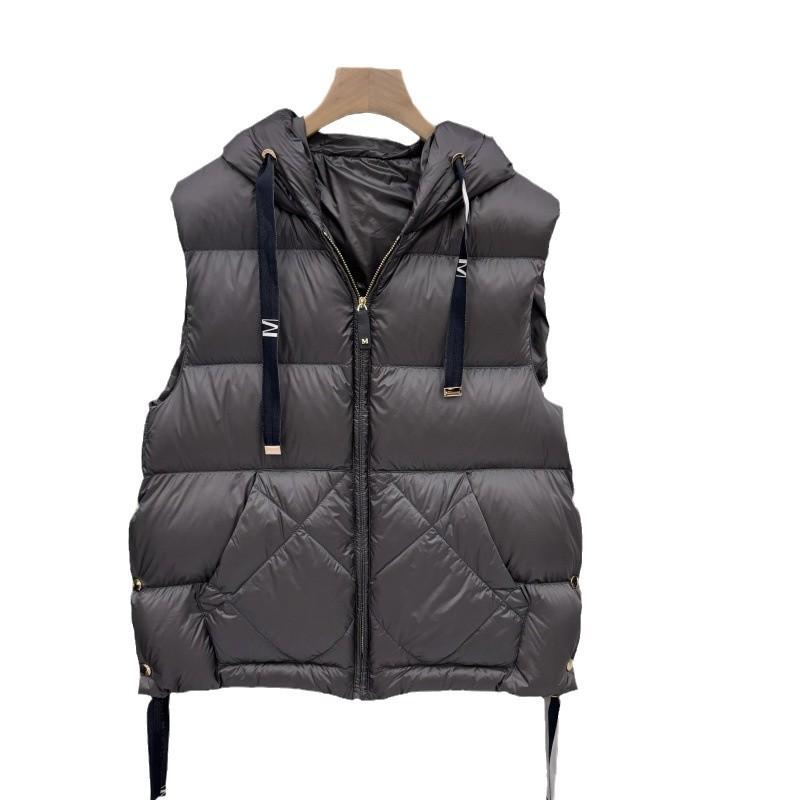 FASHION 2024 New White Duck Down Short Hooded Letter Drawstring Vest Winter Vest Down  Side Buckle  Trendy Clothes