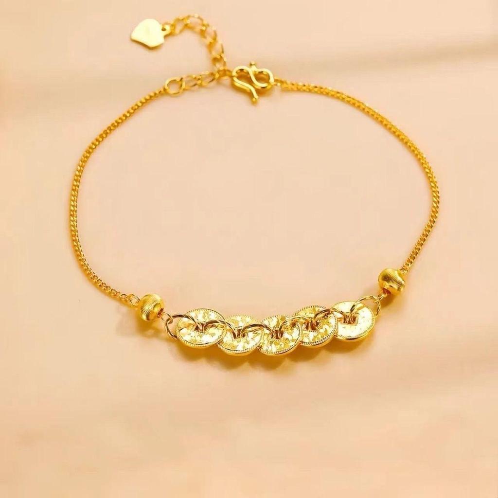 Gold-Plated Crushed Ice Five Emperor Coins Bracelet: Women's Light Luxury, Niche High-End Style for Wealth and Good Fortune.