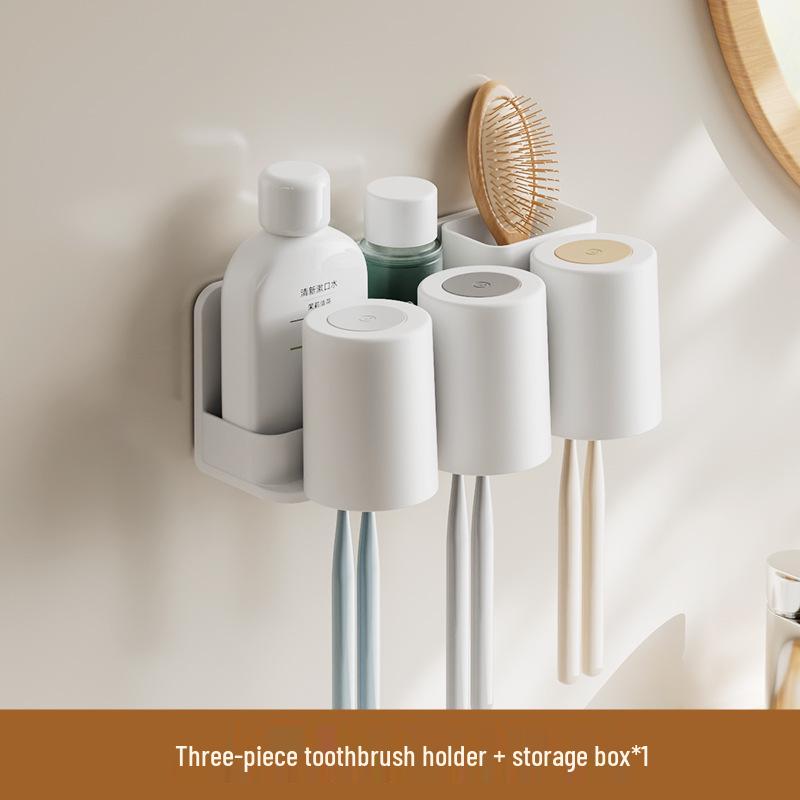 Wall-Mounted Toothbrush & Toothpaste Holder with Mouthwash Cup, Punch-Free