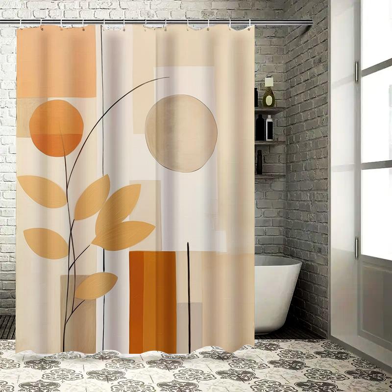 

Modern Bathroom Shower Curtain Geometric Floral Design In Beige, Orange White For Home Decor Easy Install With Hook Rings Perfec 90x180cm
