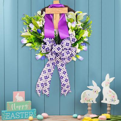 2025 Easter Wreath Cross Door Sign Easter Front Door Wreath for Front Door Decor Religious Easter Decoration