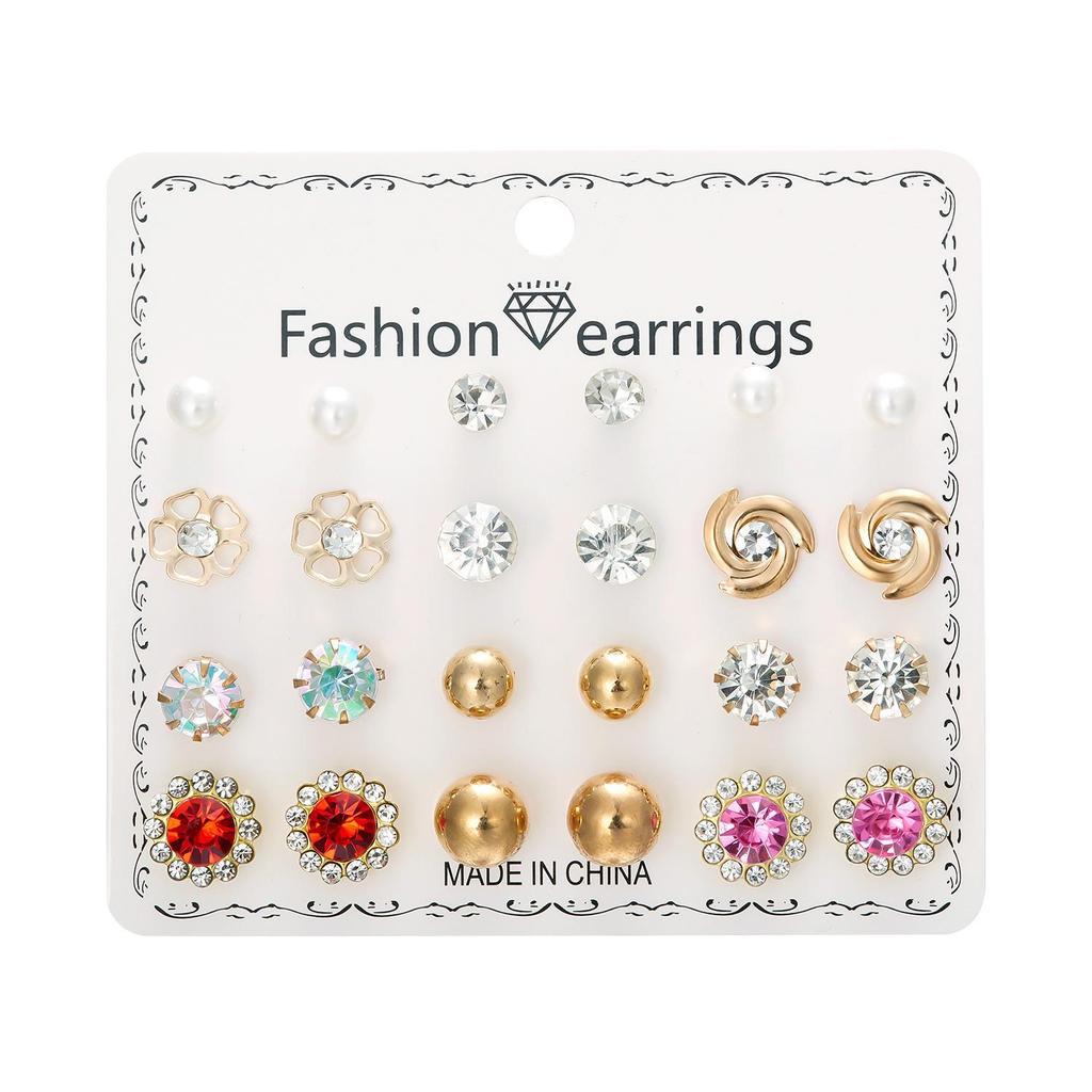 12-Pair Rhinestone Stud Earrings Set: Flower, Heart, Star & Moon Designs