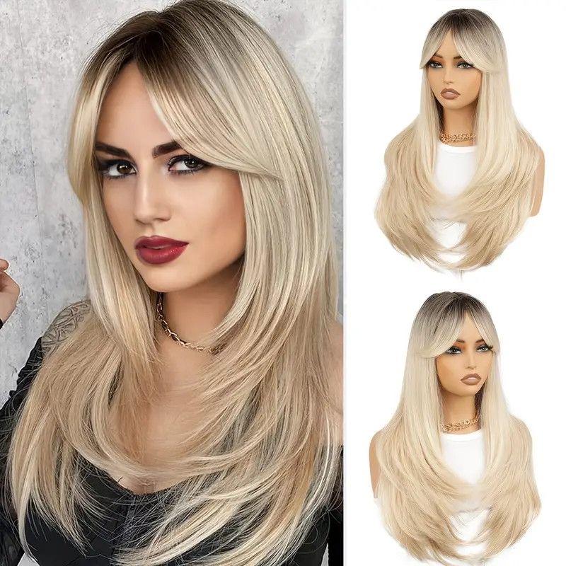 

Європейська та американська мода Світла перука з косим чубчиком і градієнтом, Довга пряма синтетична перука з високотемпературного волокна золотистий