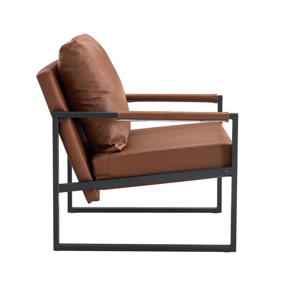 Brown Reading Chair with Black Metal Frame, Modern Casual Armchair Made of Faux Leather, Single Sofa for Living Room, Bedroom, Office
