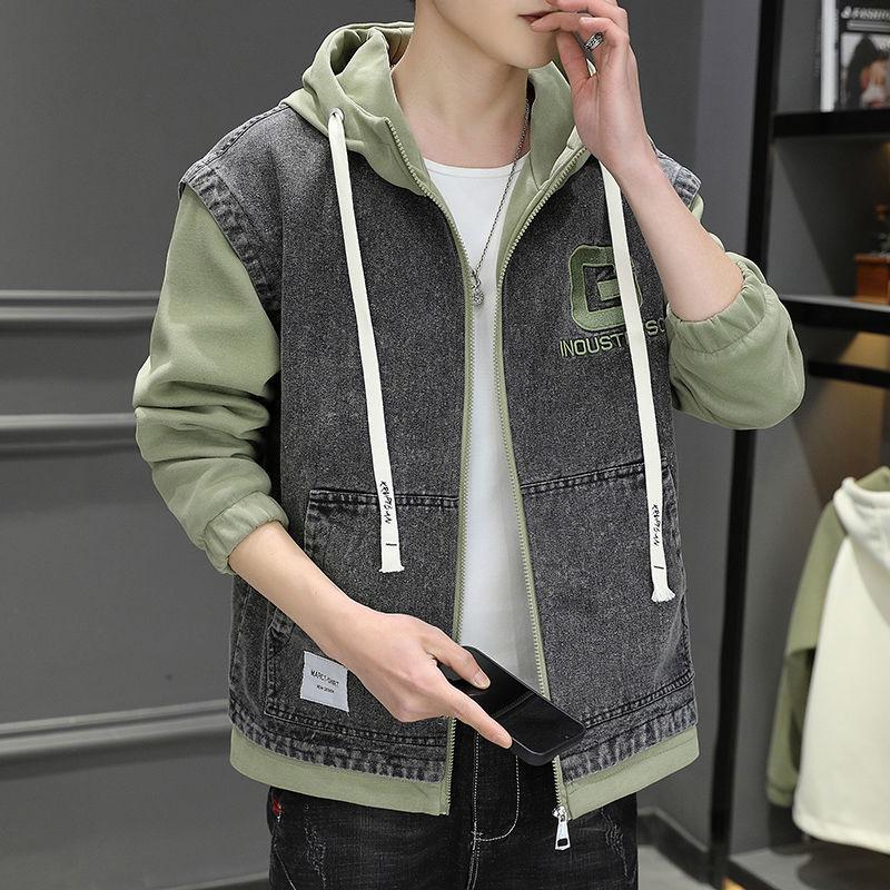 Men's Spring Hooded Denim Jacket - Trendy Youth Two-Piece Baseball Style Workwear
