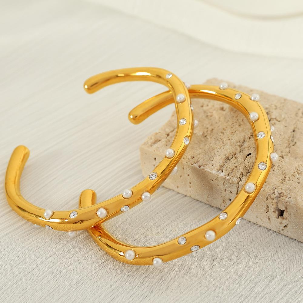Bracelet Gold Stainless Steel Inlaid Imitation Pearl Irregular Opening Bracelet Light Luxury Versatile