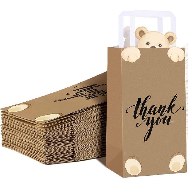 Geyee 18 Pcs Bear Thank You Gift Bags with Handles Bear Party Decorations Candy Treat Brown Paper Bags for Guests Birthday Wedding Party Favors