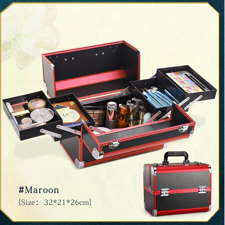 Professional Large Makeup Train Case 4 Trays Cosmetic Cases, Large Makeup Storage Organizer Box with Lock Aluminum Frame