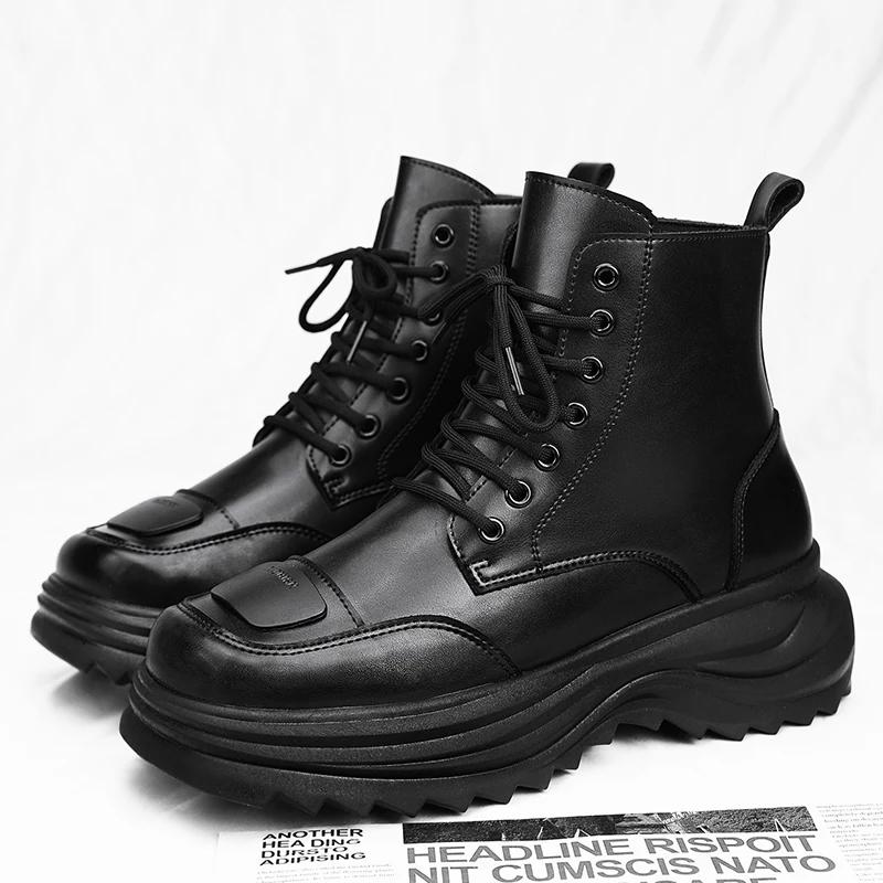 

New MEN Leather Ankle Boots Shoes Round Toe Slip on Thick Bottom Elastic Cool Short Boots Footwear Chelsea Boots Punk Shoe Thick 39 чёрный