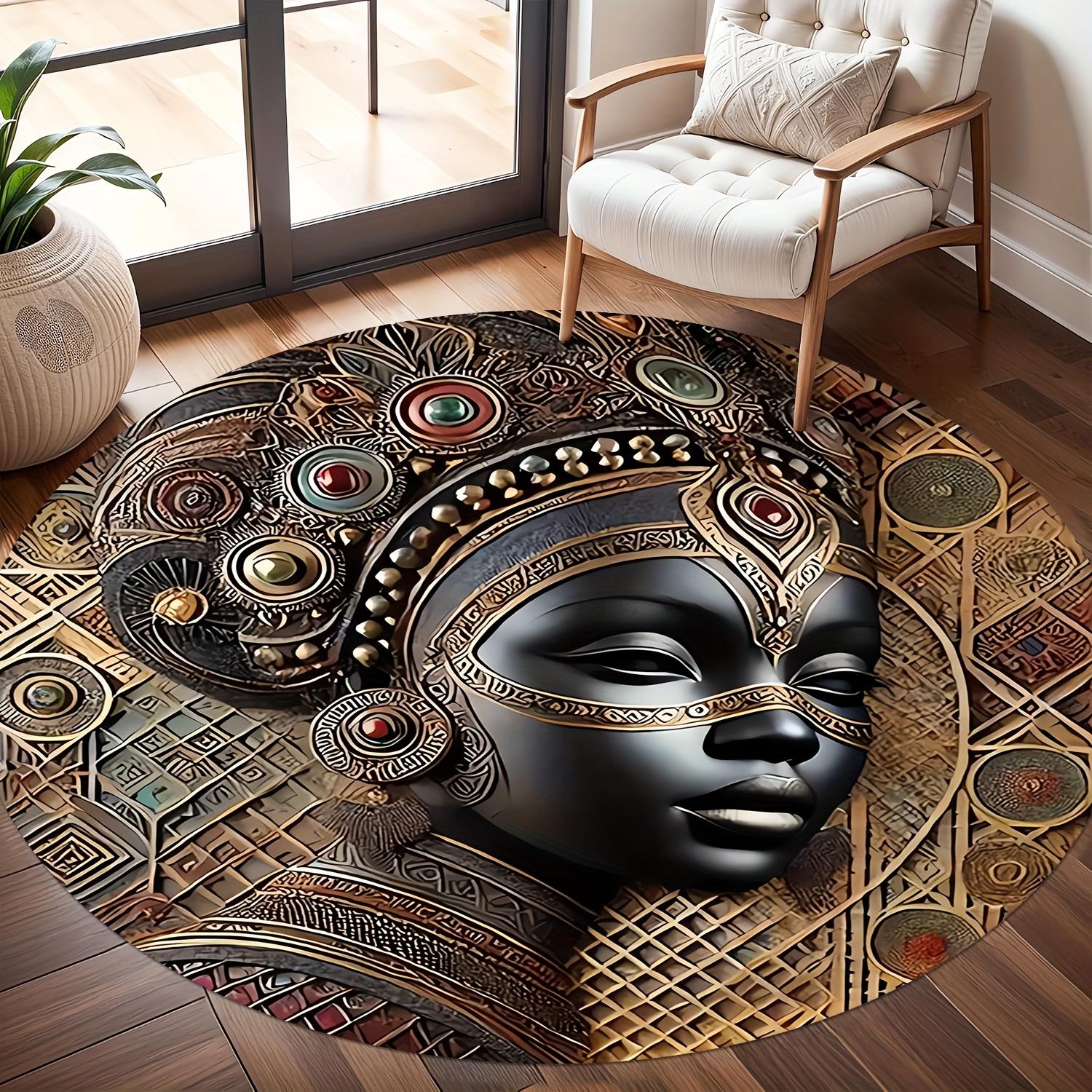 

African Queen Portrait Round Area Rug For Living Room Bedroom Luxury Gold Large Carpet Home Non-slip Floor Mat Aesthetic Rug 80cm x 80cm