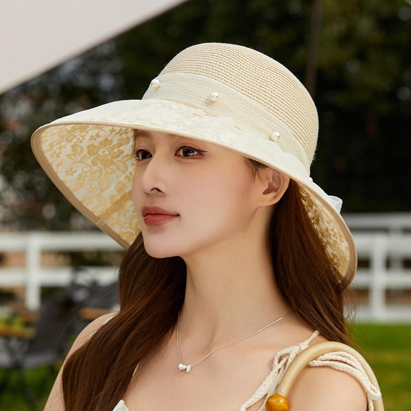 2026 New Fashion Elegant Pearl Bow Fisherman Hat Wide Brim Church Hat For Women Foldable Summer Beach Protection Sun Cap