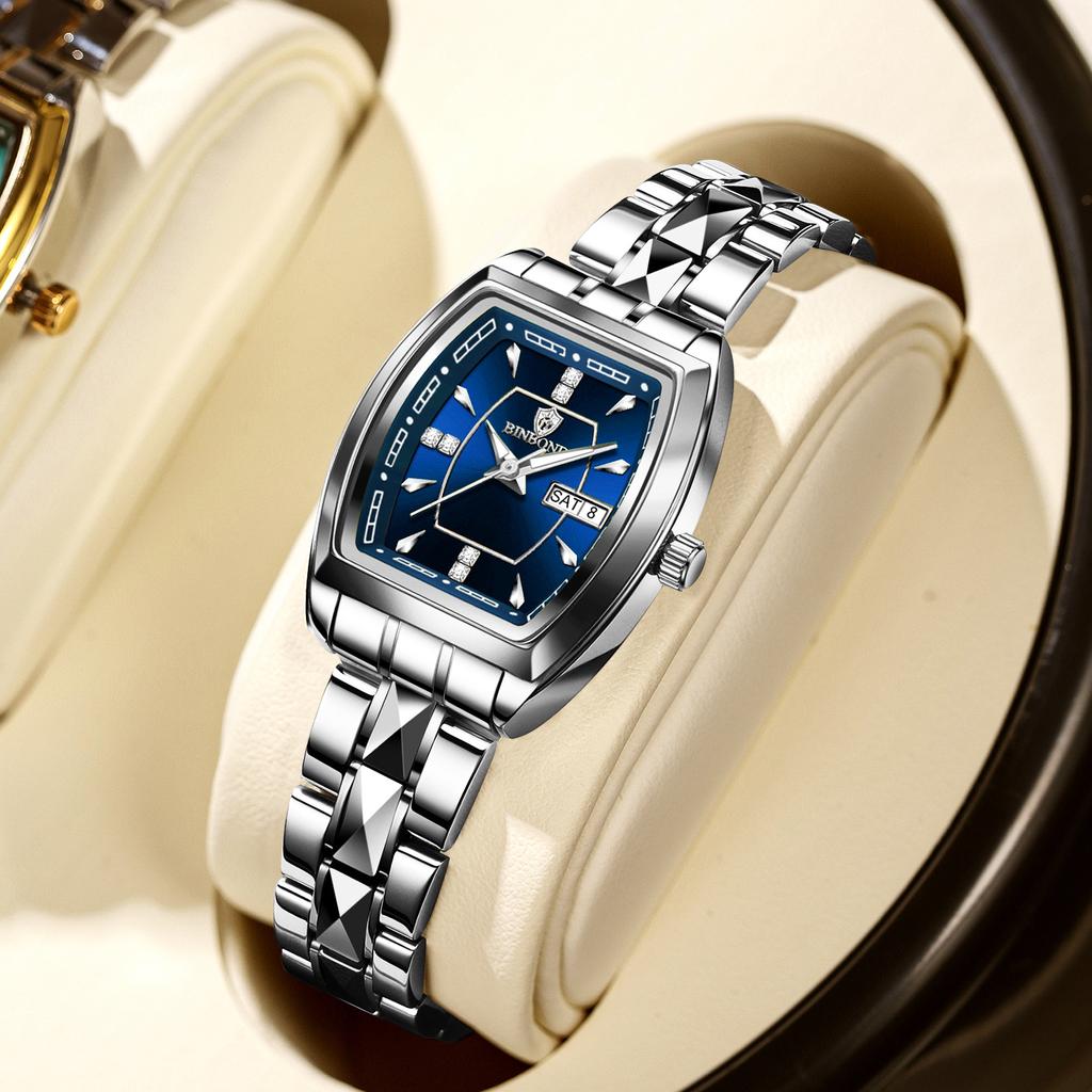 Leichter Luxus Neue Damen Herrenuhr Business Stahlband Wasserdicht Kalender Damen Mode Quarz Armbanduhren Geschenk