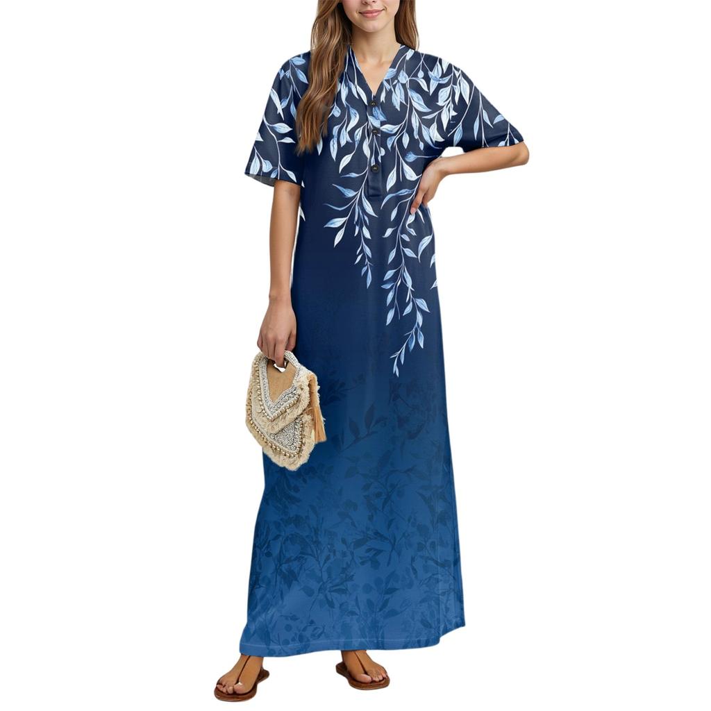 Women's Fashion Printed Nightgown Home Clothes Short Sleeve Nightgown With Pockets Long Dress