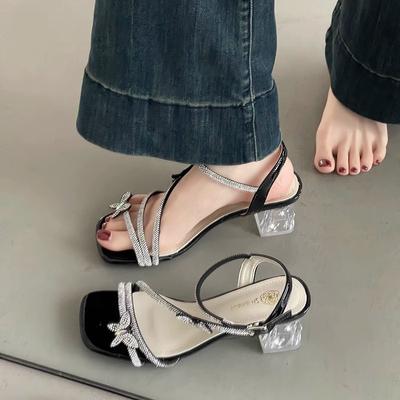 2025 Spring and Summer New Crystal Shoes Fashion Versatile Casual Rhinestone Sandals Women's Skirt Open-toed High Heels