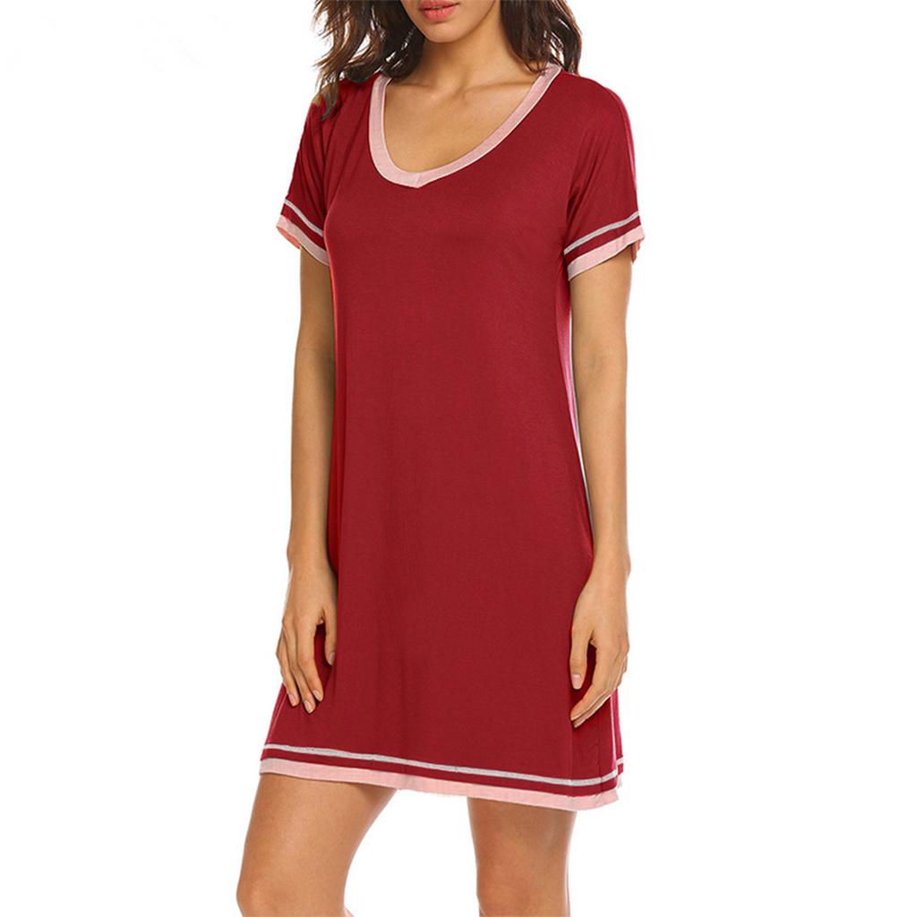 Women Fashion Short Sleeve Causal Patchwork Pullover Loose Home Sleep Dress