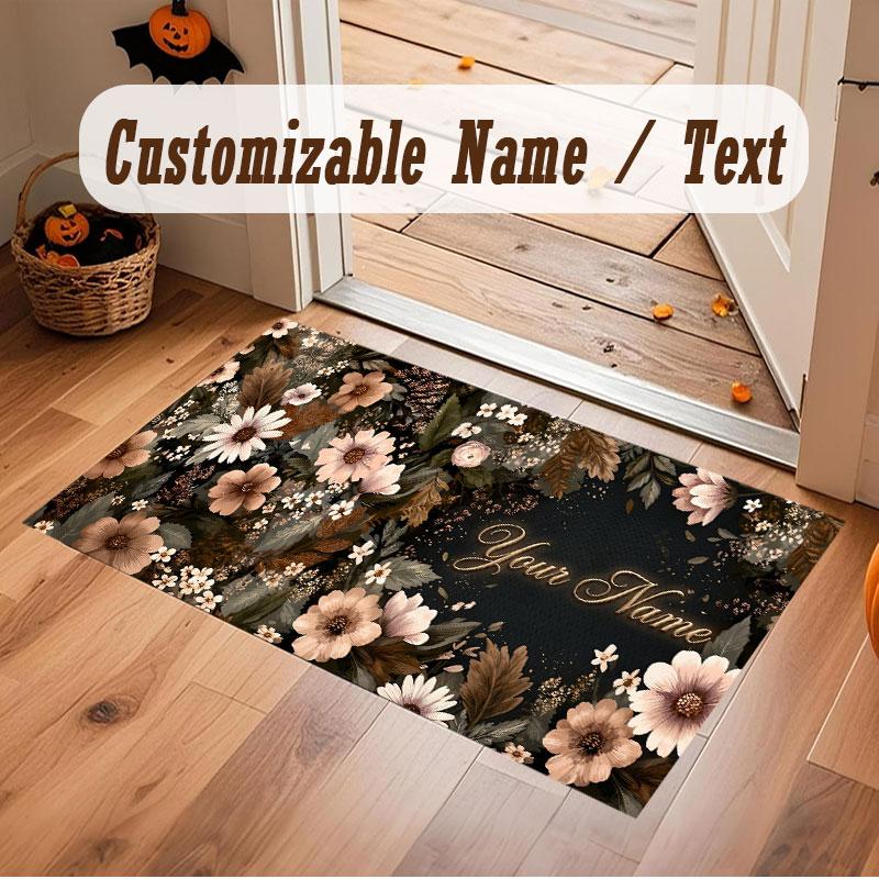 Floral Garden Theme Crystal Velvet Floor Rug Personalized Custom Name Text Warm Carpet Home Decoration