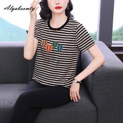 Korean Style Summer Women Plus Size T-Shirt O Neck Striped Diamonds Casual Loose Contrast Tee Short Sleeve Basic Ladies' Top