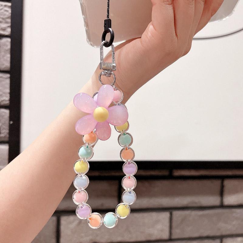 INS Candy Color Mobile Phone Lanyard Wrist Strap Women Girls Korean Beaded Flower Bracelet Anti-lost Case Bags Keys Pendant