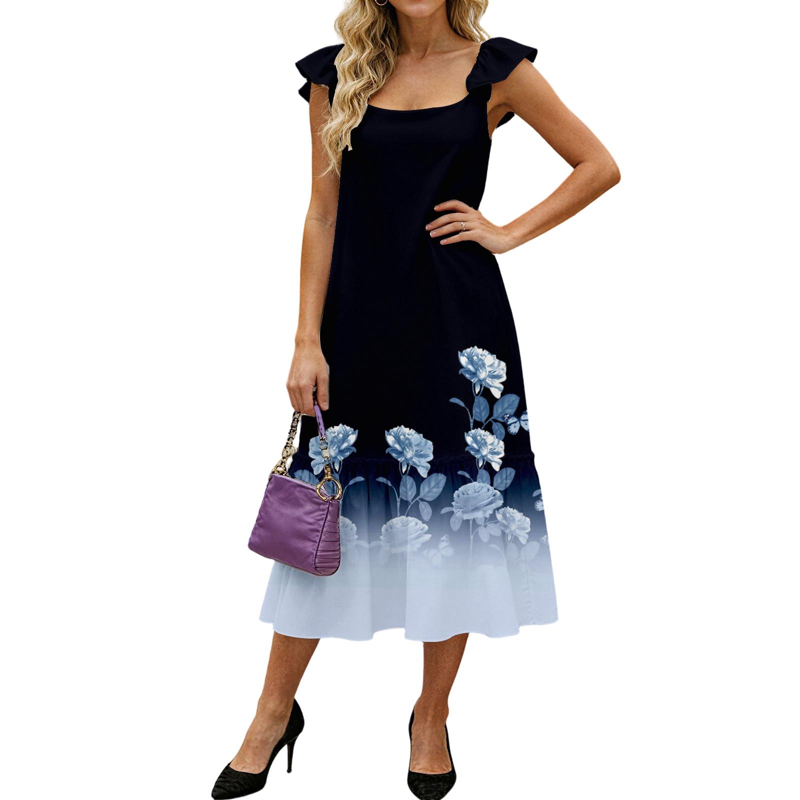 

Women s Fashion Loose Mid-length Ruffled Flying Sleeve Vintage Printed Dress XL небо синє кольору