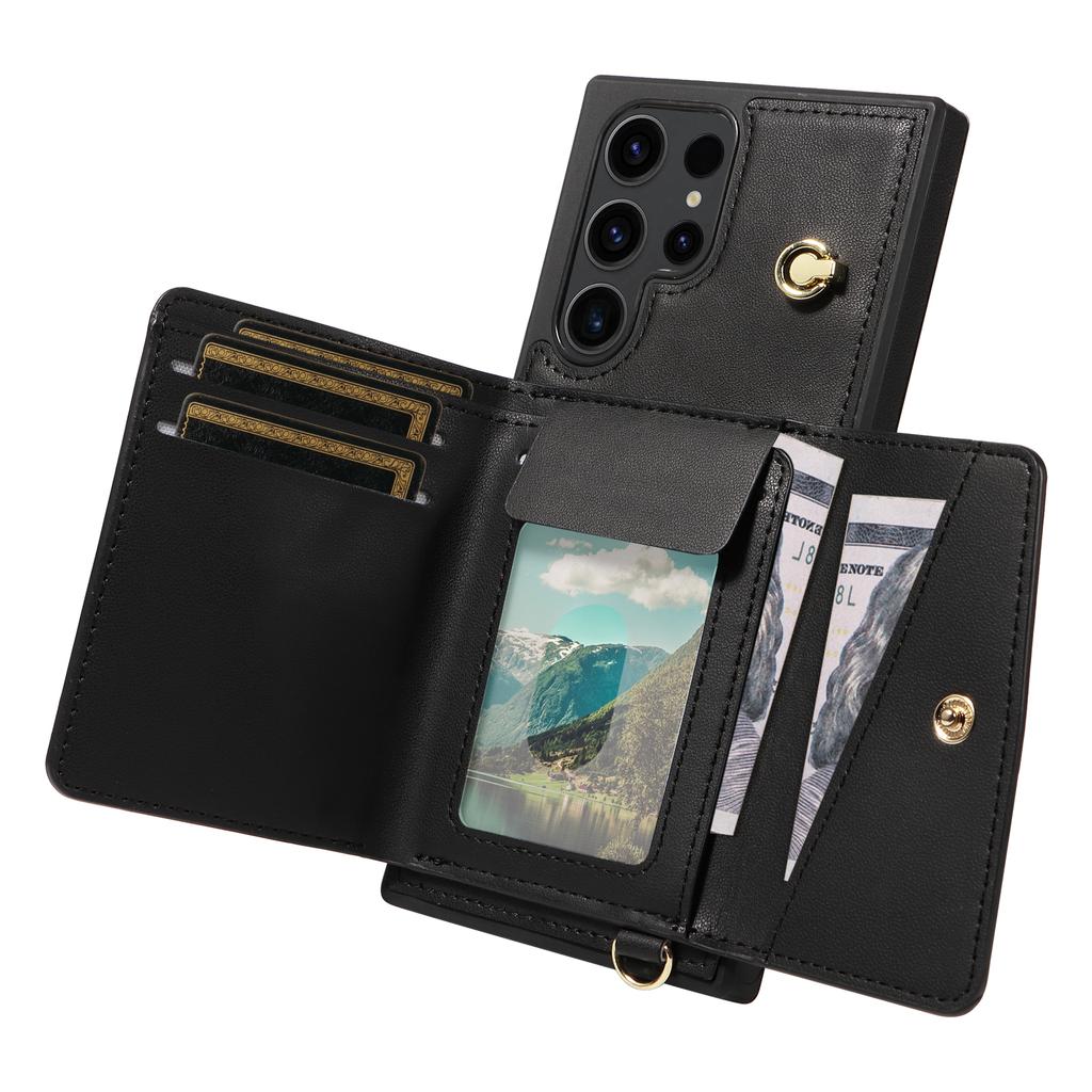 For Samsung Galaxy S23 Ultra Crossbody Phone Case Card Holder Kickstand Leather Coated TPU Mobile Cover