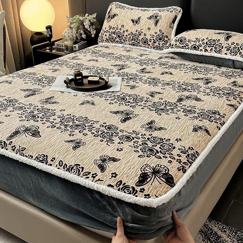 Home carved milk velvet fitted sheet single piece winter plus velvet mattress protector cover full cover bed
