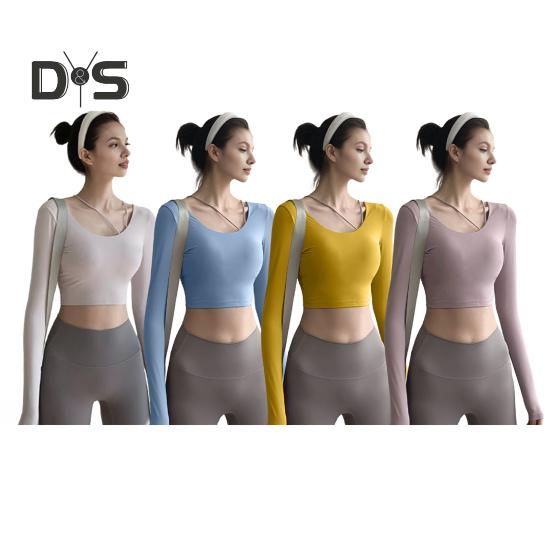 Innen gepolsterte Yoga-Tops für Damen, sexy Rücken, langärmelig, Yoga-Top, Sport, hochelastisch, für Fitnessstudio, Fitness, Laufen, Training, T-Shirt, weich, atmungsaktiv, sportliche Kleidung für
