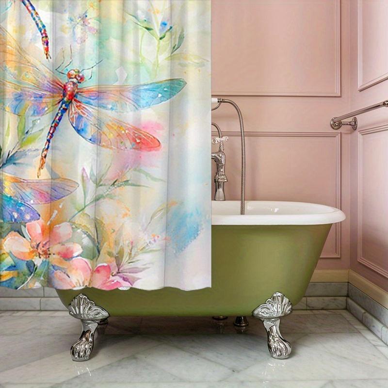 Dragonflies Garden Shower Curtain - Watercolor, Pink & Orange Flowers, Washable Polyester, 12 Hooks, 70.8x70.8 Inches