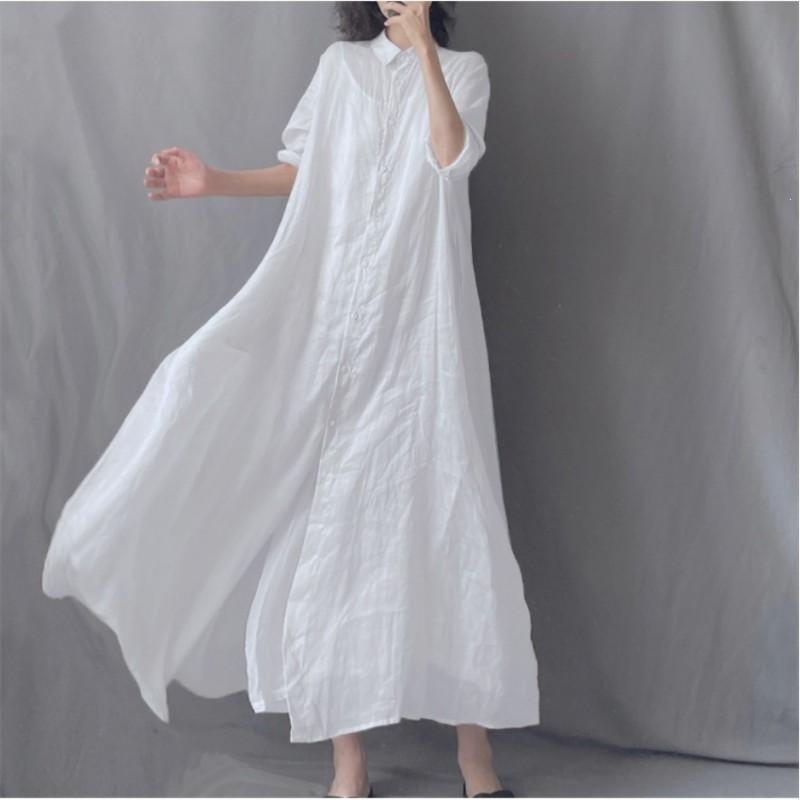 Loose Linen Blend Long Shirt Dress With Collar Casual Maxi Women Linen White Shirt Dress