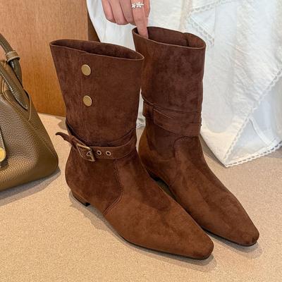 FanGui~ Is Exaggerated! Vintage Maillard Coffee Pointed Toe and Two Short Boots Women's Autumn Martin Boots