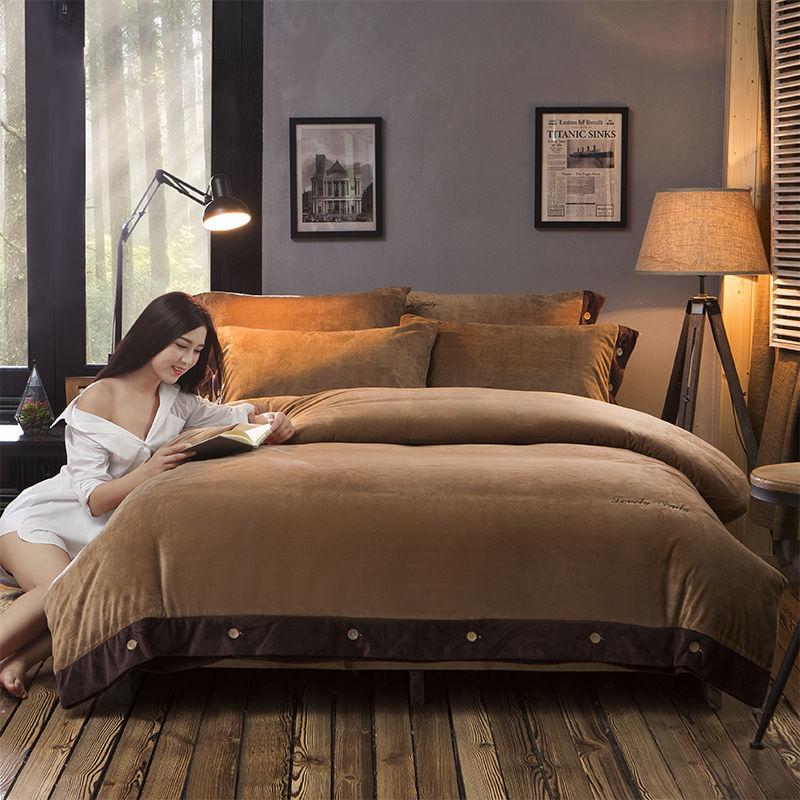 4pcs/set Pure Color Crystal Velvet Sheet Coral Velvet Thick Double-sided Duvet Cover Autumn and Winter Queen Size Bedding